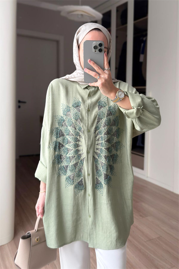 Rose Boncuk İşlemeli Gömlek - Yeşil