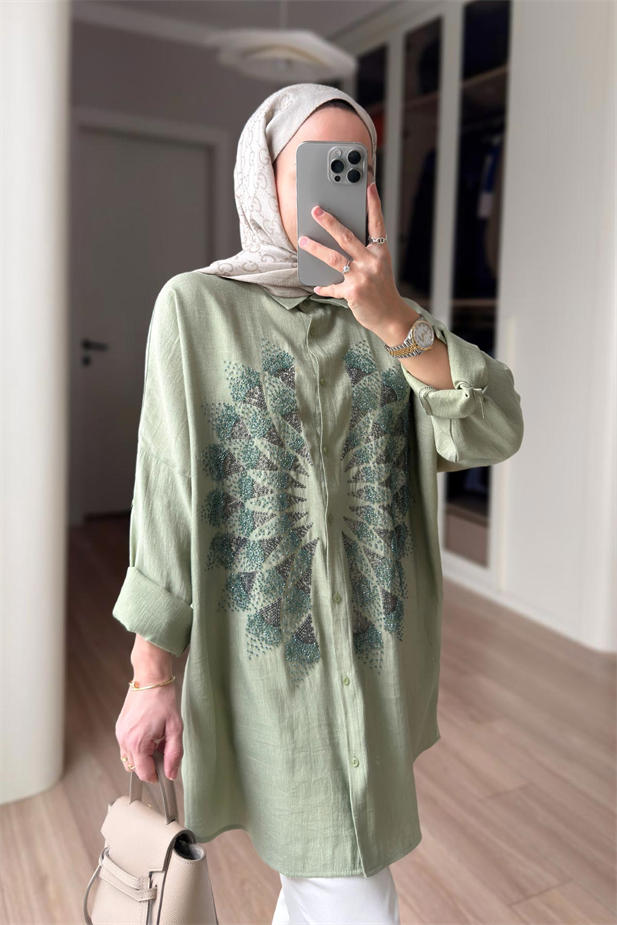 Rose Boncuk İşlemeli Gömlek - Yeşil
