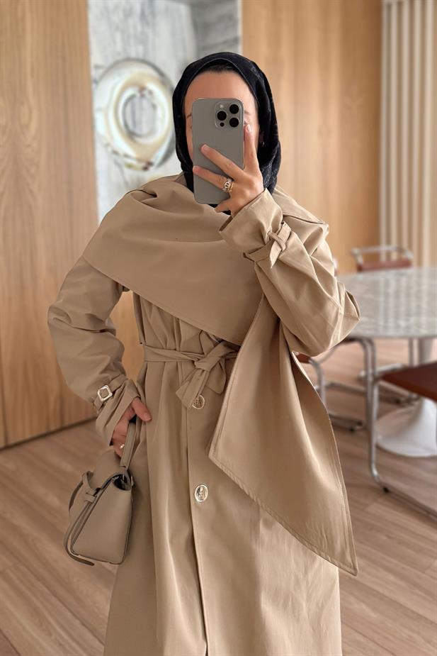 Şal Detay Maxi Boy Trençkot - Bej