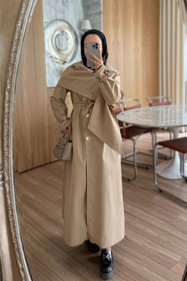 Şal Detay Maxi Boy Trençkot - Bej