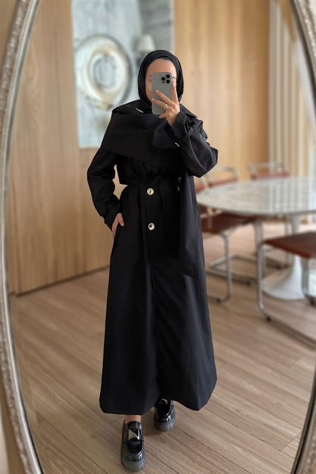 Şal Detay Maxi Boy Trençkot - Siyah