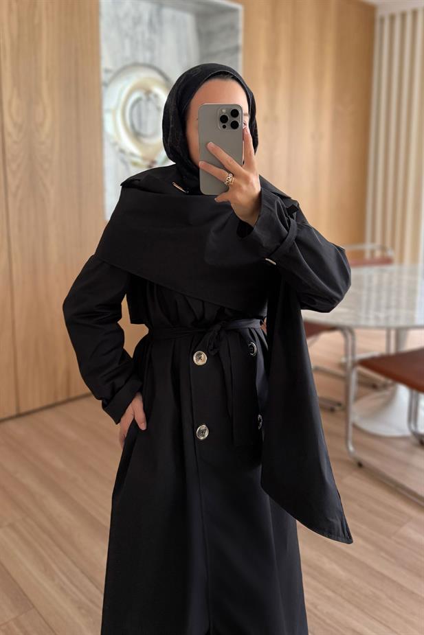 Şal Detay Maxi Boy Trençkot - Siyah