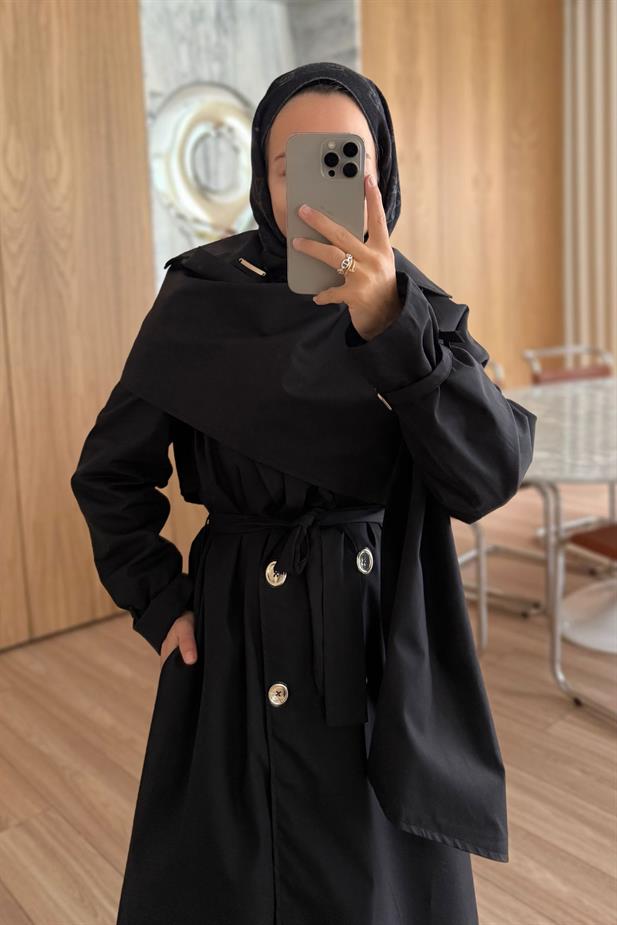 Şal Detay Maxi Boy Trençkot - Siyah