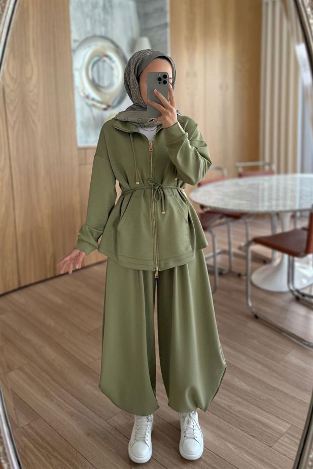 Şalvar Pantolonlu Modal Takım - Haki