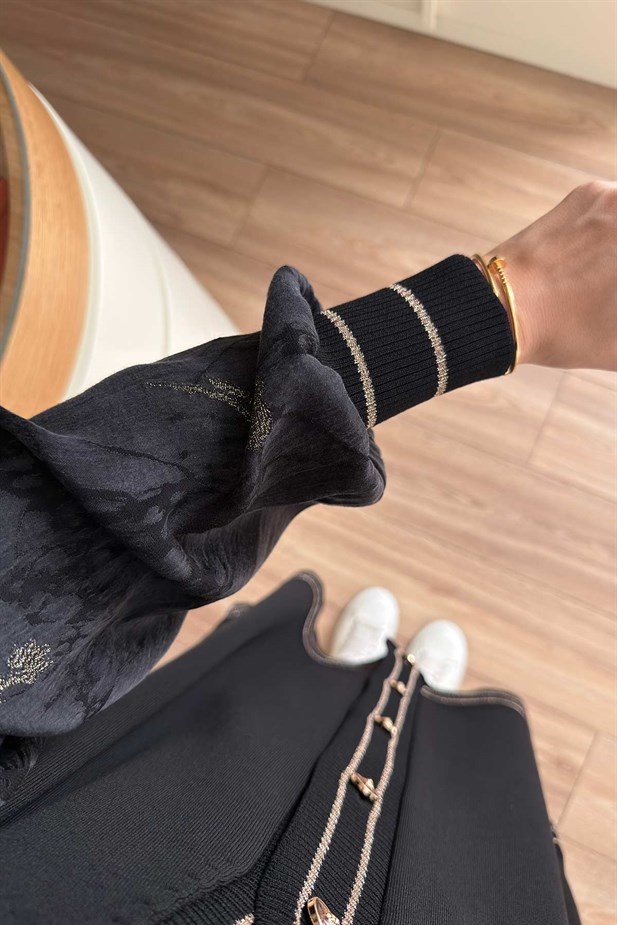 Şerit Detay İpek Cupra Merserize Hırka - Siyah