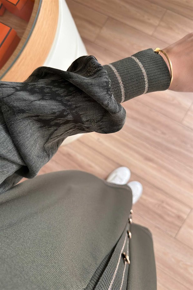 Şerit Detay İpek Cupra Merserize Hırka - Haki