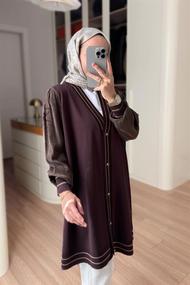 Şerit Detay İpek Cupra Merserize Hırka - Kahverengi