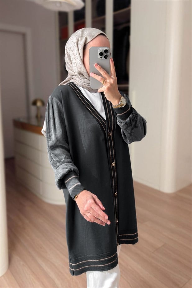 Şerit Detay İpek Cupra Merserize Hırka - Haki