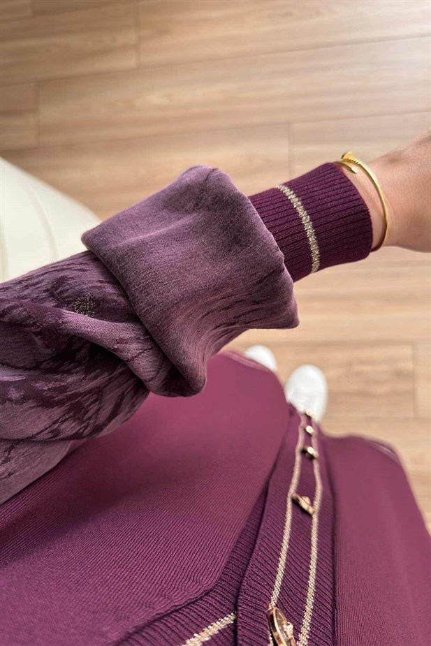 Şerit Detay İpek Cupra Merserize Hırka - Mürdüm