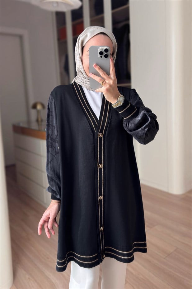 Şerit Detay İpek Cupra Merserize Hırka - Siyah