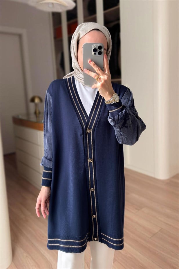 Şerit Detay İpek Cupra Merserize Hırka - Lacivert