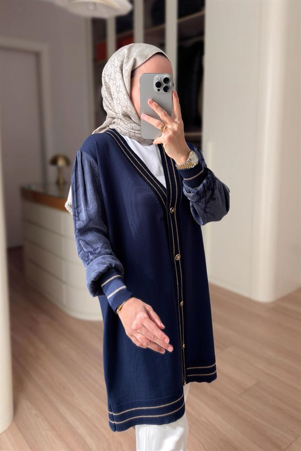 Şerit Detay İpek Cupra Merserize Hırka - Lacivert