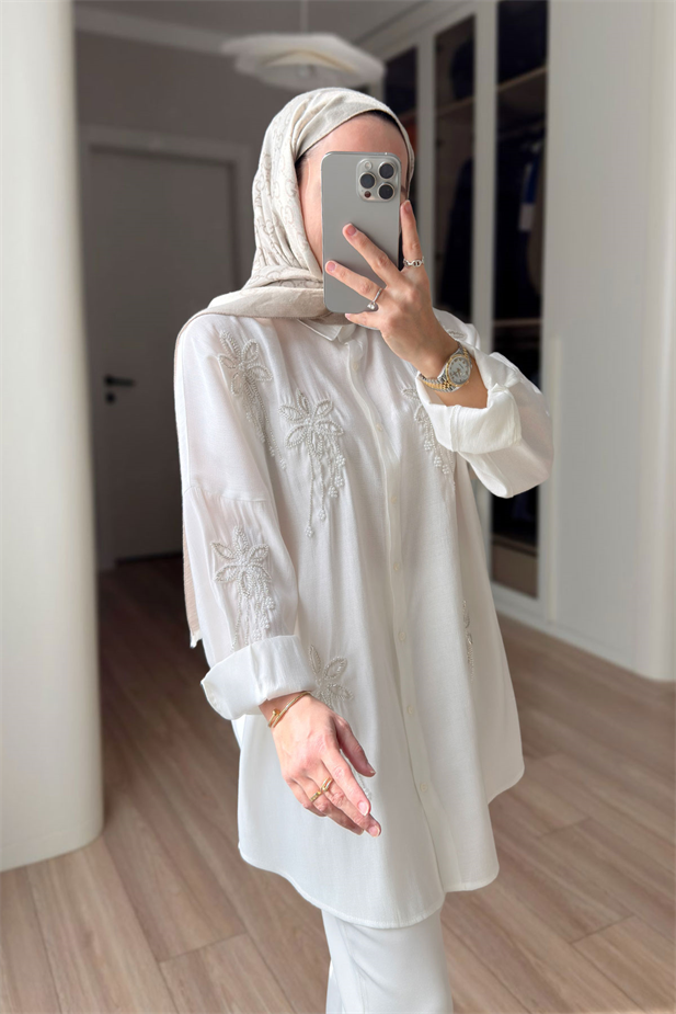 Stella Boncuk İşlemeli Gömlek - Beyaz