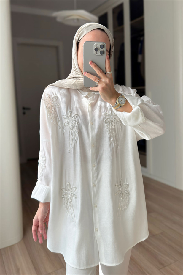 Stella Boncuk İşlemeli Gömlek - Beyaz