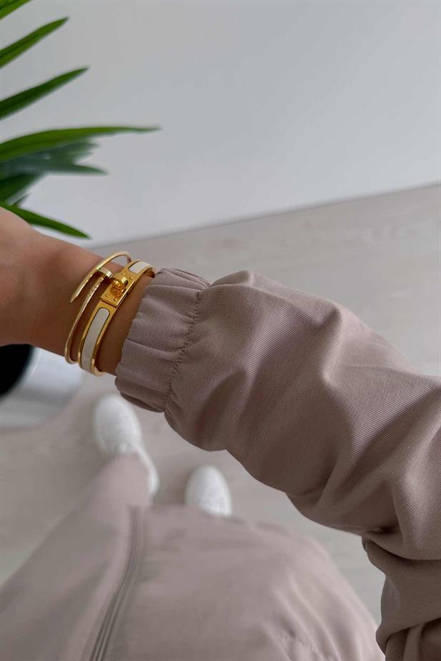 Taş Biye Beli Lastikli İki İplik Takım - Bej