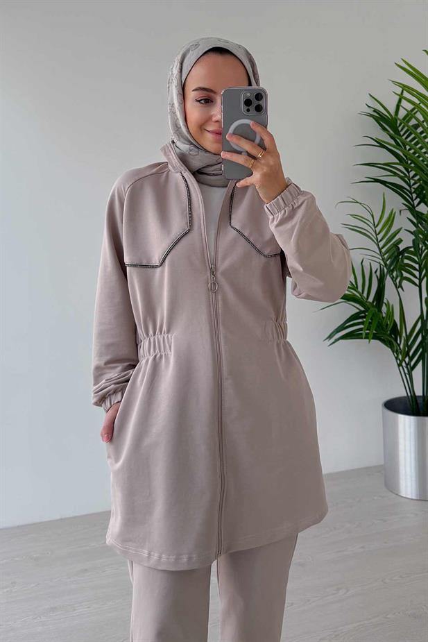 Taş Biye Beli Lastikli İki İplik Takım - Bej