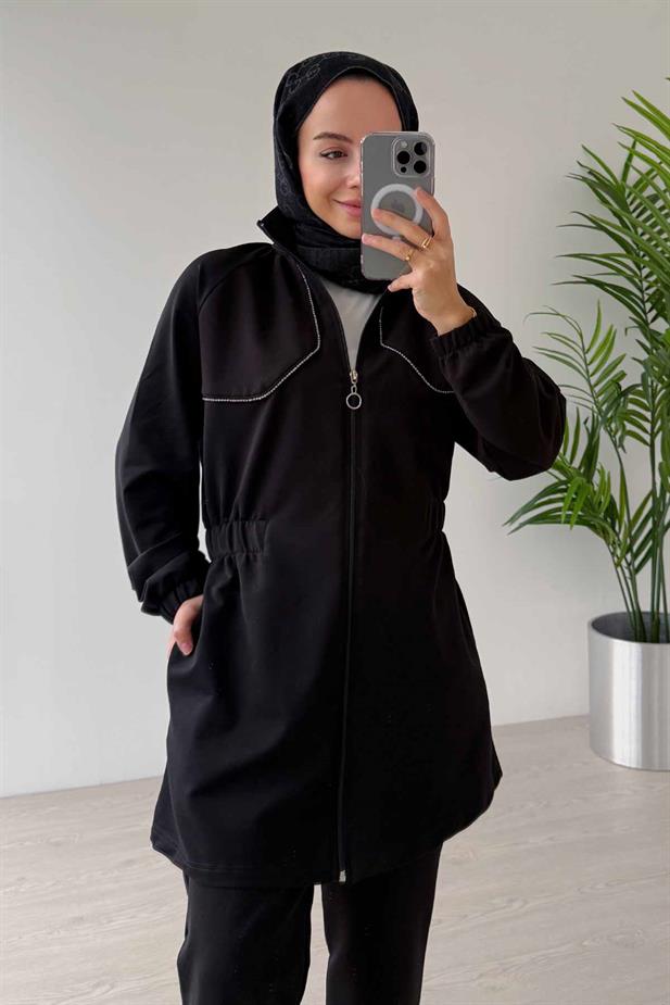 Taş Biye Beli Lastikli İki İplik Takım - Siyah