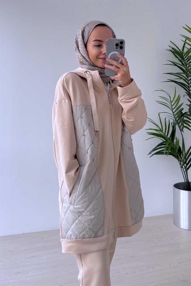 Taş Detaylı Kapitone İki İplik Takım - Bej