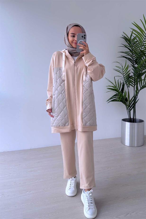 Taş Detaylı Kapitone İki İplik Takım - Bej