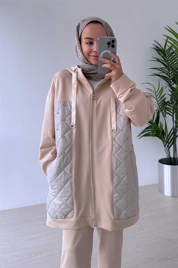 Taş Detaylı Kapitone İki İplik Takım - Bej