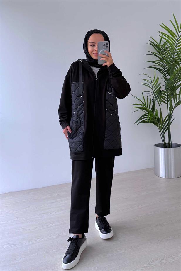 Taş Detaylı Kapitone İki İplik Takım - Siyah