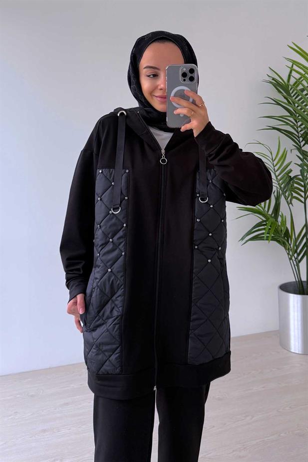 Taş Detaylı Kapitone İki İplik Takım - Siyah