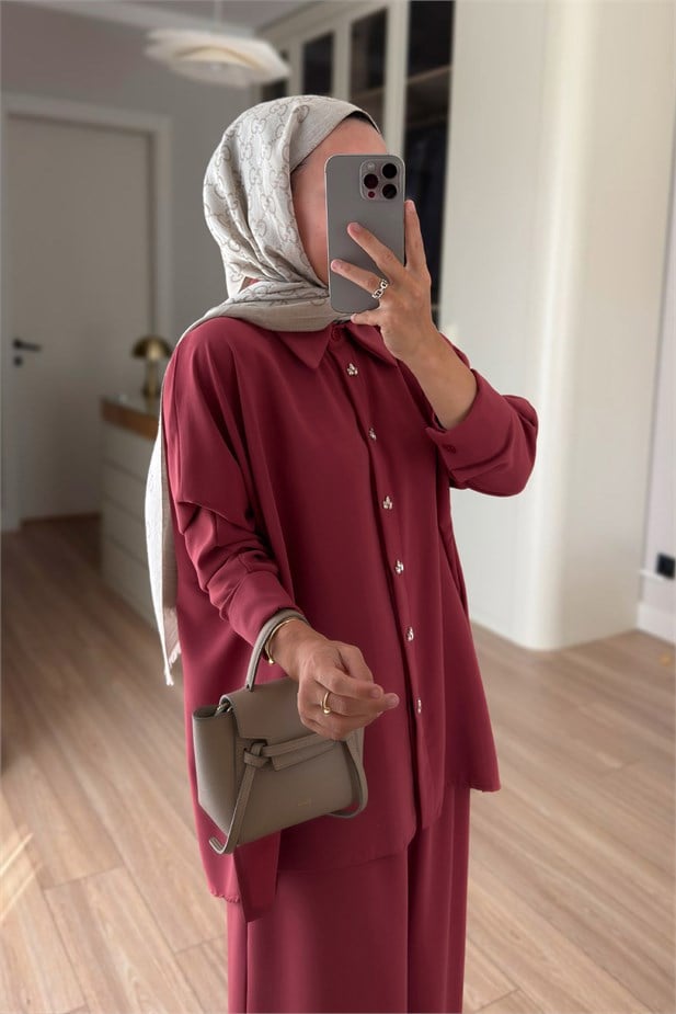 Taş Düğmeli İkili Takım - Bordo