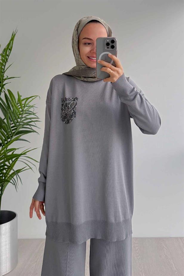 Taşlı Cep Merserize Takım - Gri
