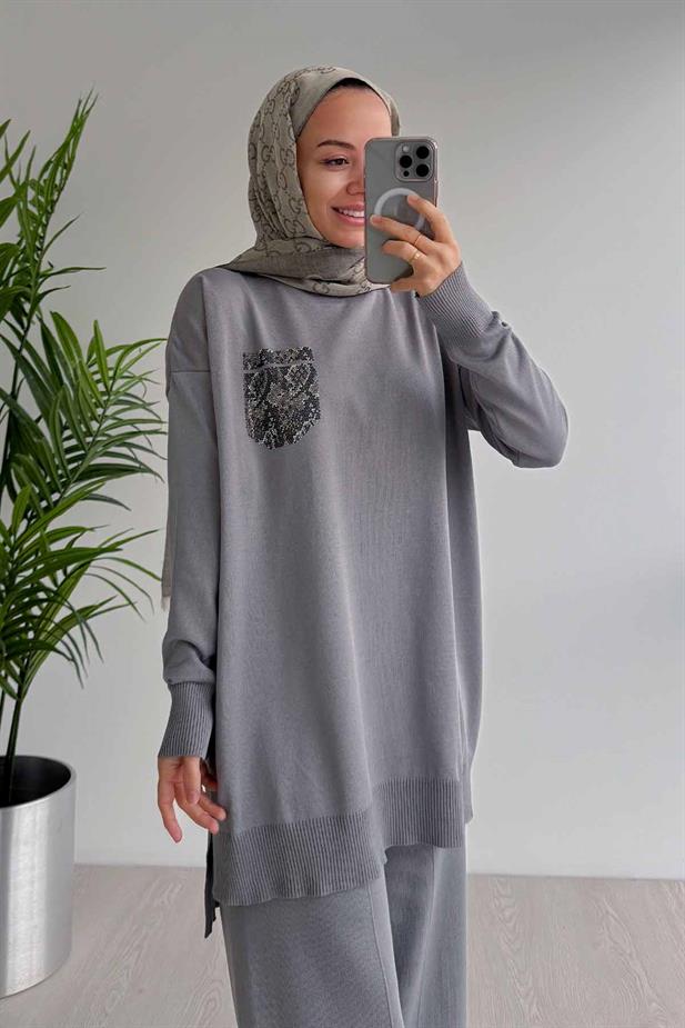 Taşlı Cep Merserize Takım - Gri