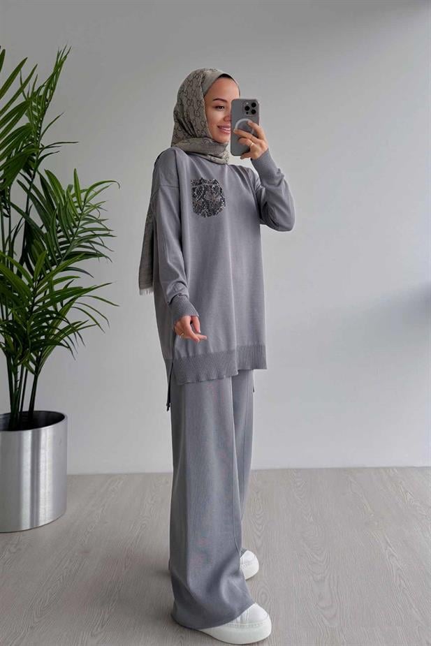 Taşlı Cep Merserize Takım - Gri