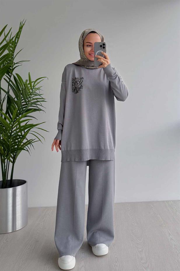 Taşlı Cep Merserize Takım - Gri