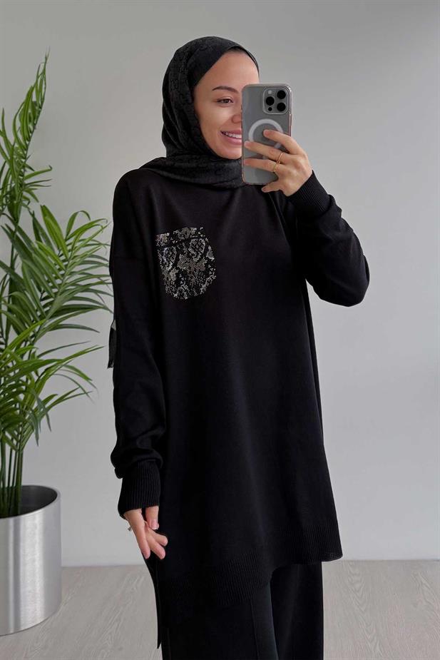 Taşlı Cep Merserize Takım - Siyah