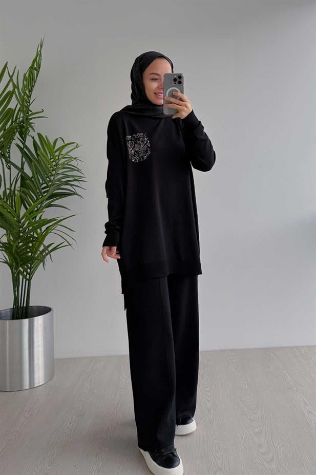 Taşlı Cep Merserize Takım - Siyah