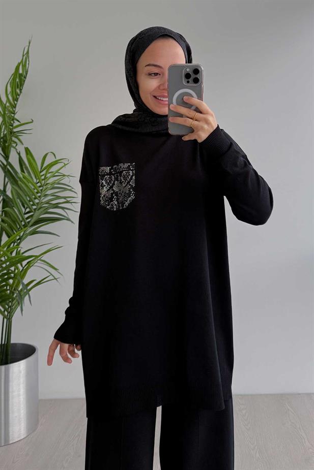 Taşlı Cep Merserize Takım - Siyah