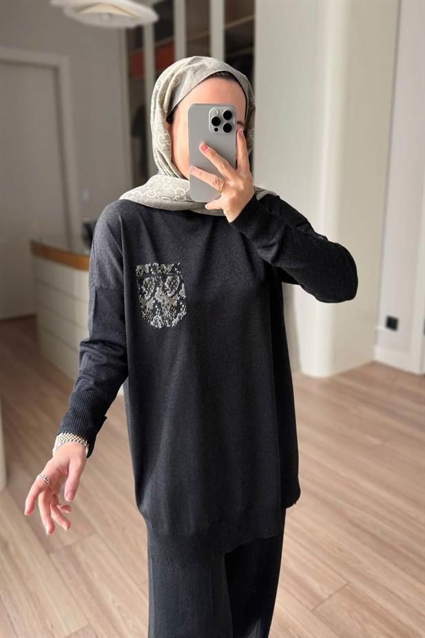 Taşlı Cep Merserize Takım - Siyah