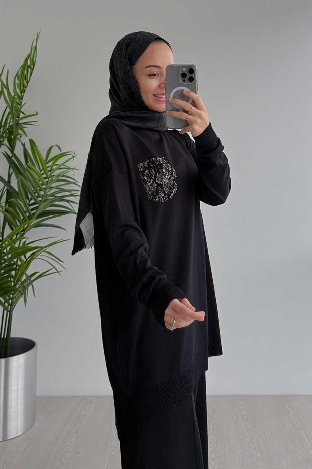 Taşlı Cep Merserize Takım - Siyah