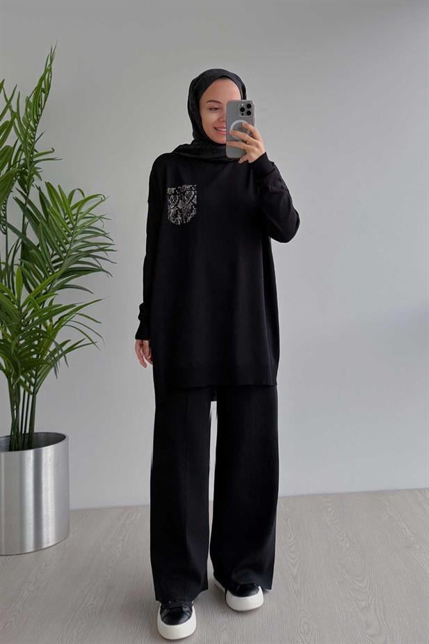 Taşlı Cep Merserize Takım - Siyah