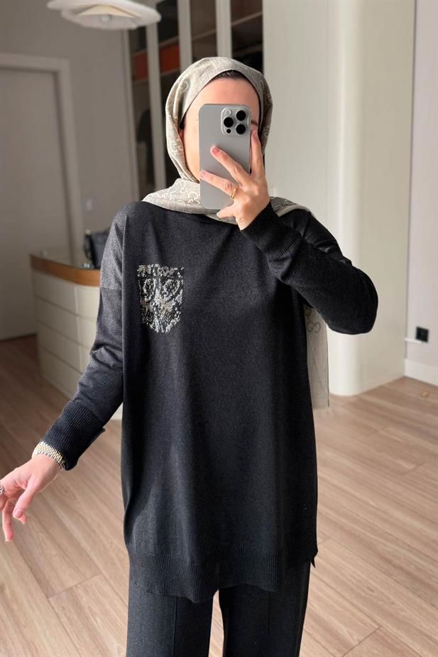 Taşlı Cep Merserize Takım - Siyah