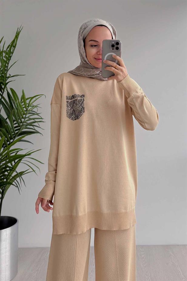 Taşlı Cep Merserize Takım - Sütlü Kahve