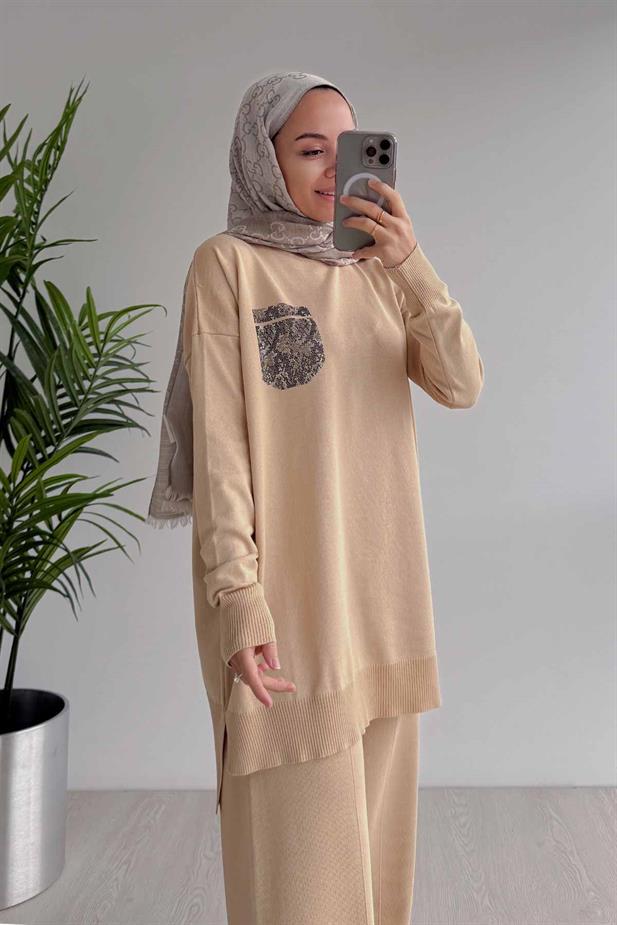 Taşlı Cep Merserize Takım - Sütlü Kahve