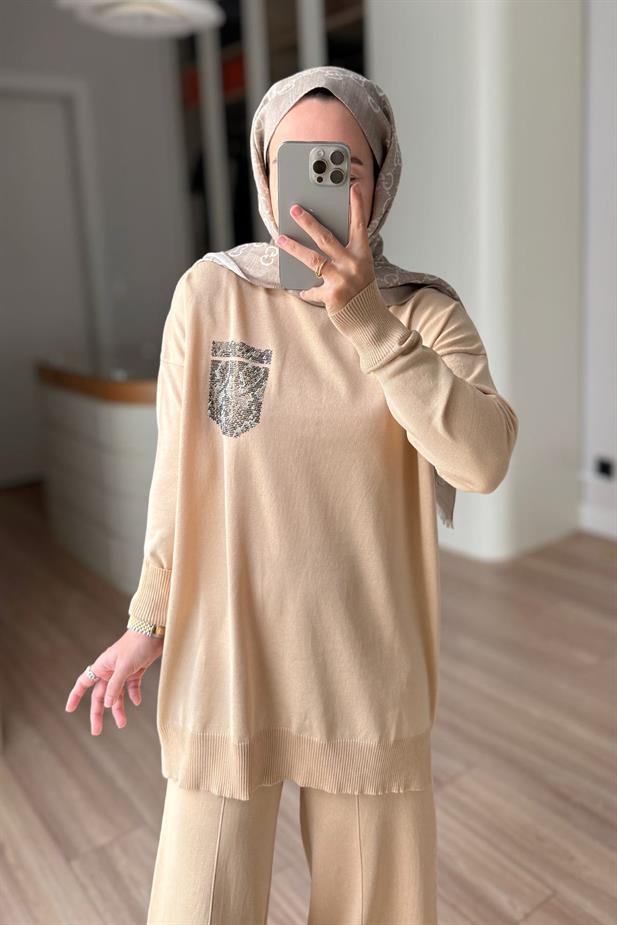 Taşlı Cep Merserize Takım - Sütlü Kahve