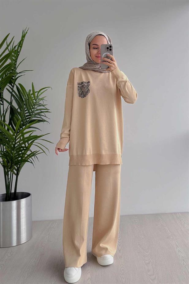 Taşlı Cep Merserize Takım - Sütlü Kahve