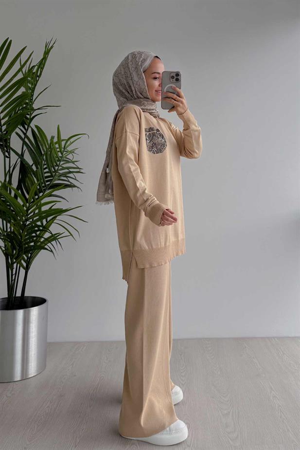 Taşlı Cep Merserize Takım - Sütlü Kahve