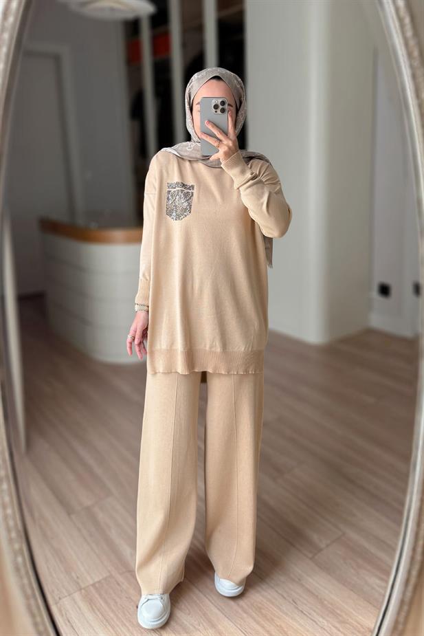 Taşlı Cep Merserize Takım - Sütlü Kahve