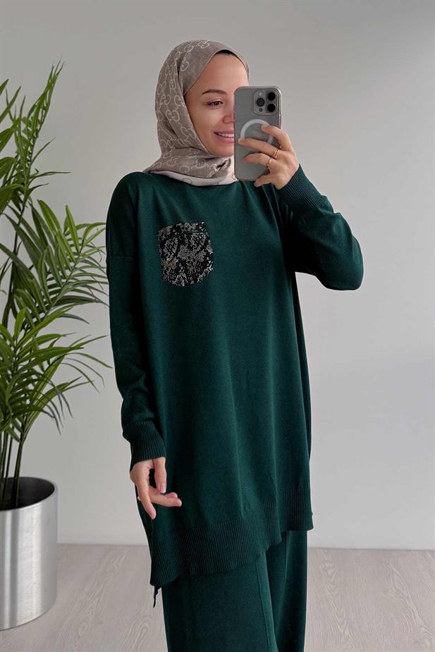 Taşlı Cep Merserize Takım - Zümrüt