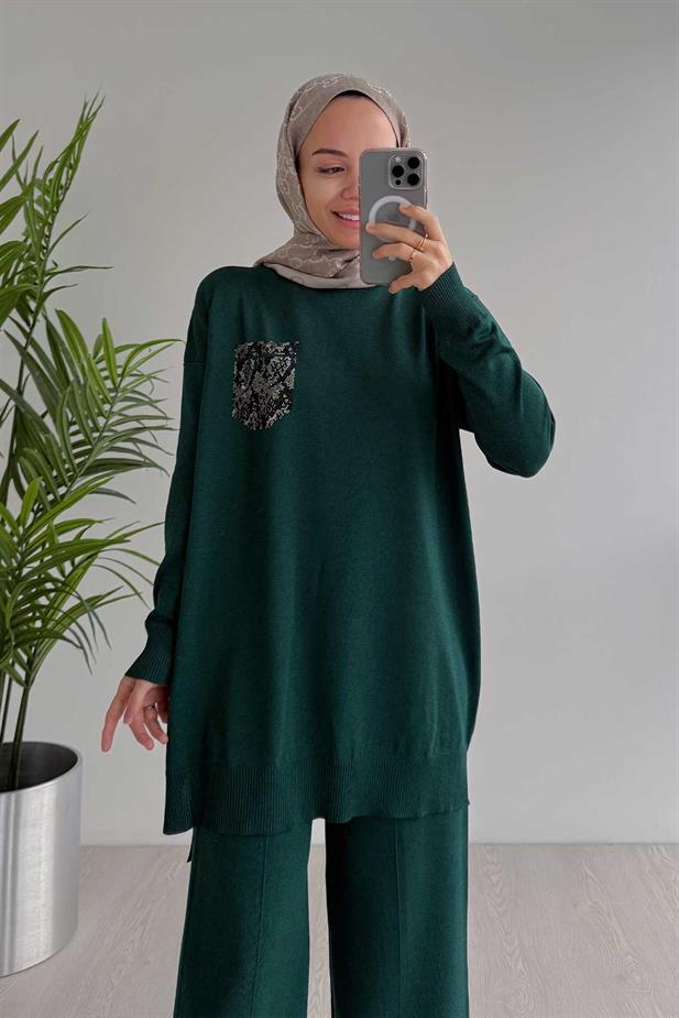Taşlı Cep Merserize Takım - Zümrüt
