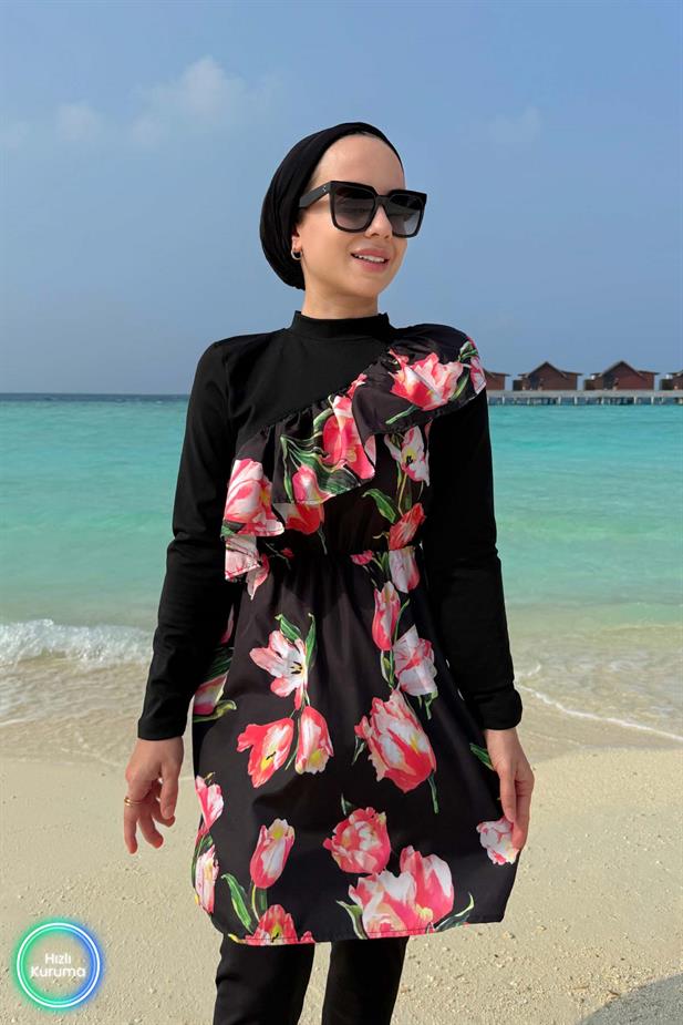 Tulip Fırfır Detay Tesettür Mayo - Siyah