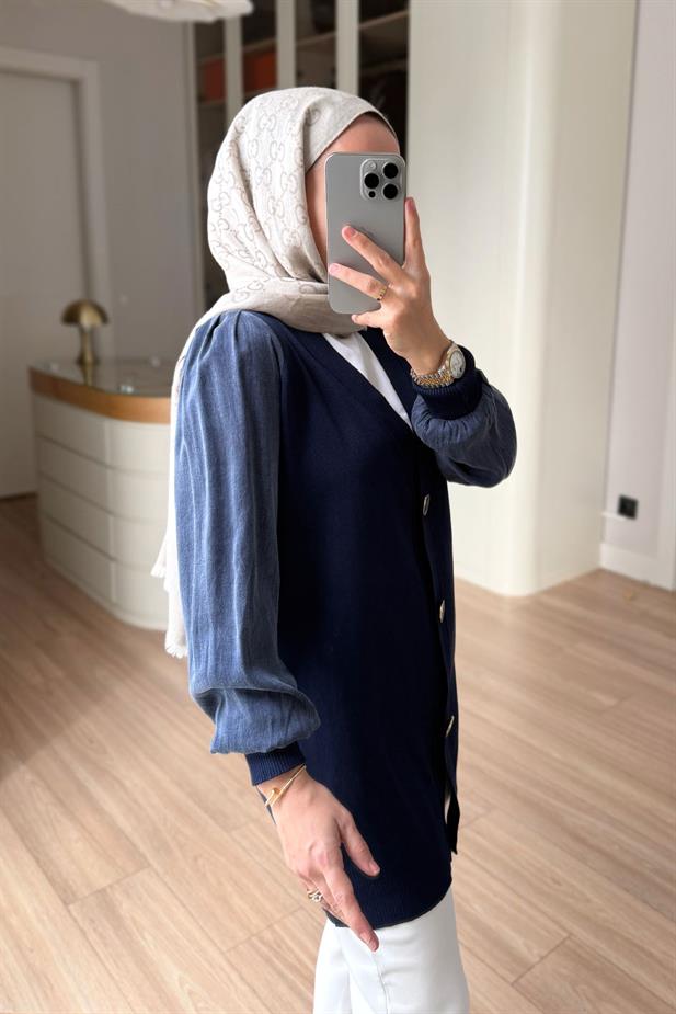 V Yaka Kol Detay Merserize Hırka - Lacivert