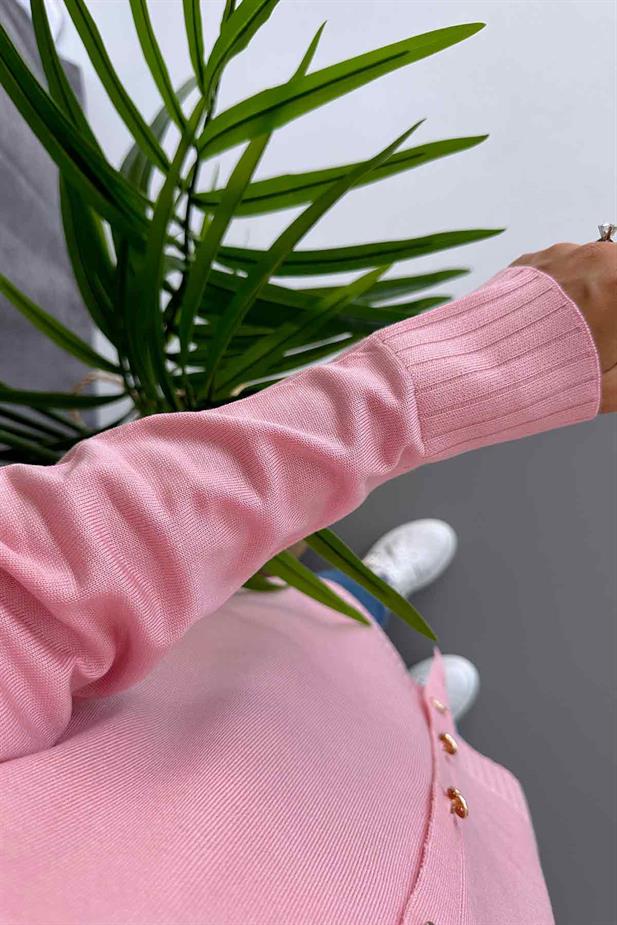 V Yaka Yandan Yırtmaçlı Merserize Hırka - Pembe