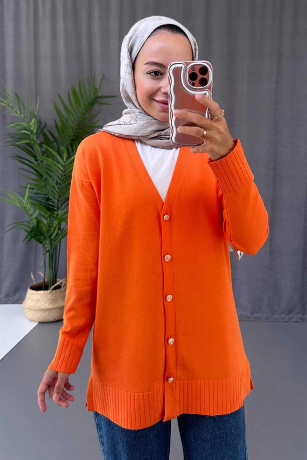 V Yaka Yandan Yırtmaçlı Merserize Hırka - Turuncu